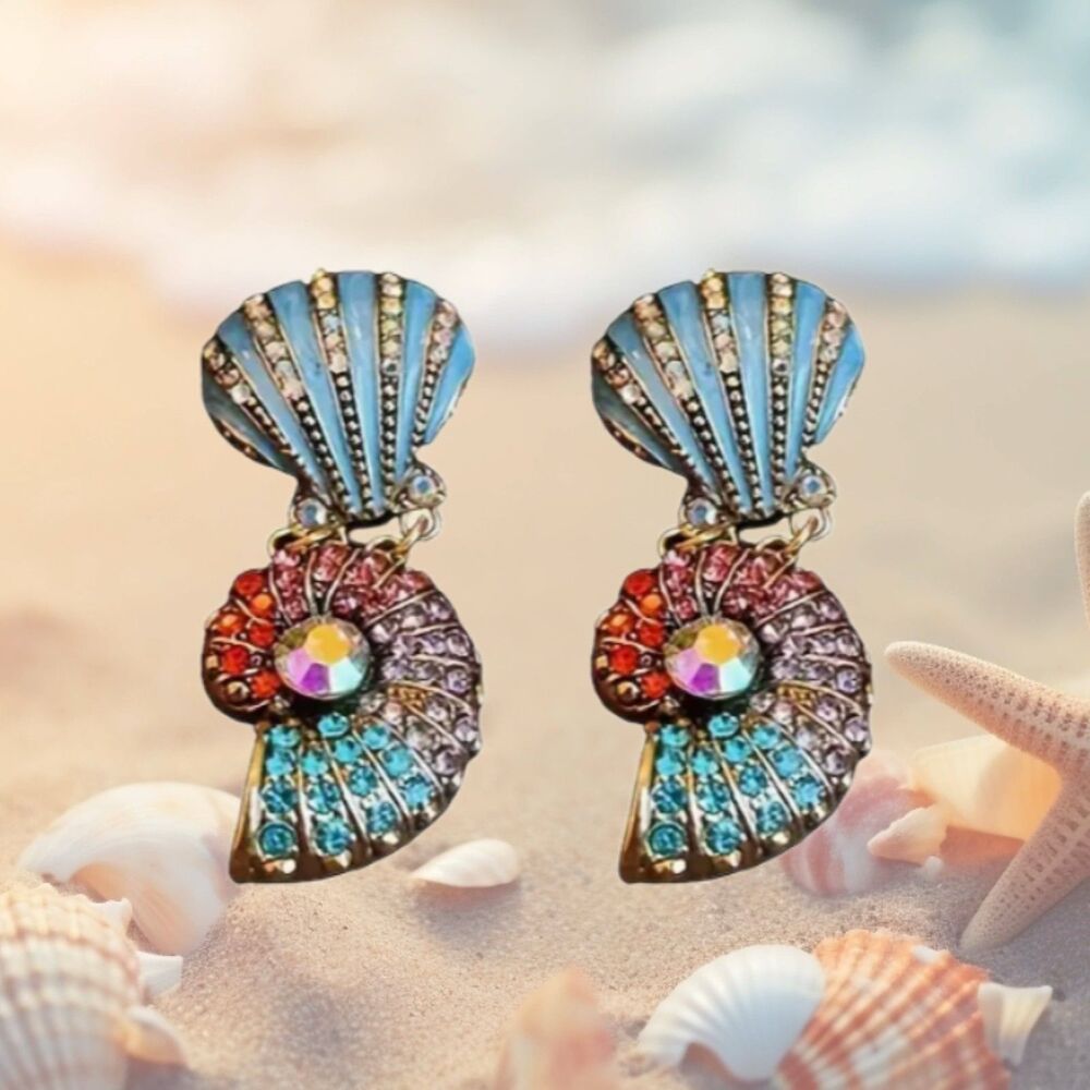 Stunning Blue Shell Rhinestone Earrings 2.24" Ombre Purple Pink Red